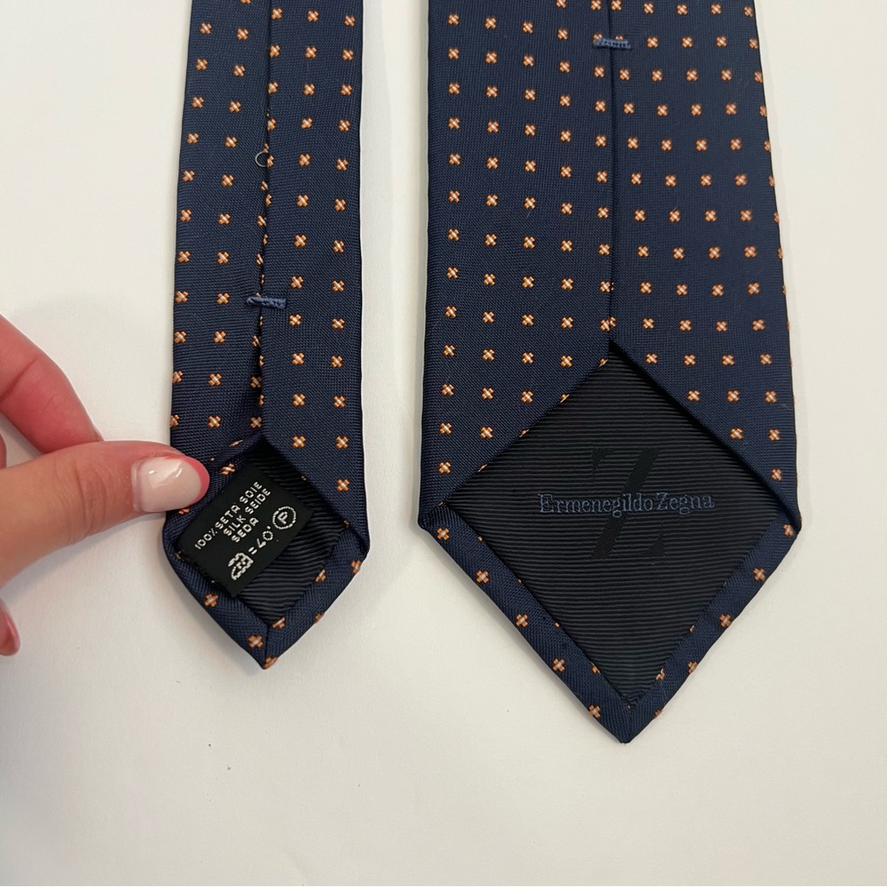 Ermengildo Zegna, Navy and Orange, 100% Silk, Patterned Tie - Picture 2 of 8
